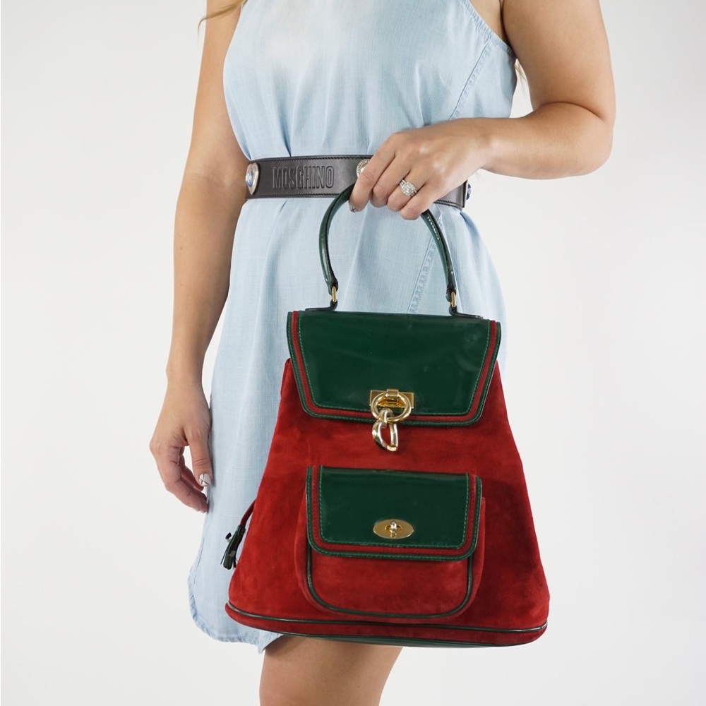 Moschino vintage Red suede and green leather handbag. Black woven lining